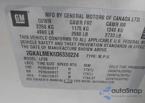 2013 GMC Terrain Sle-1 z USA, uszkodzony, nr VIN 2GKALMEK6D6330224